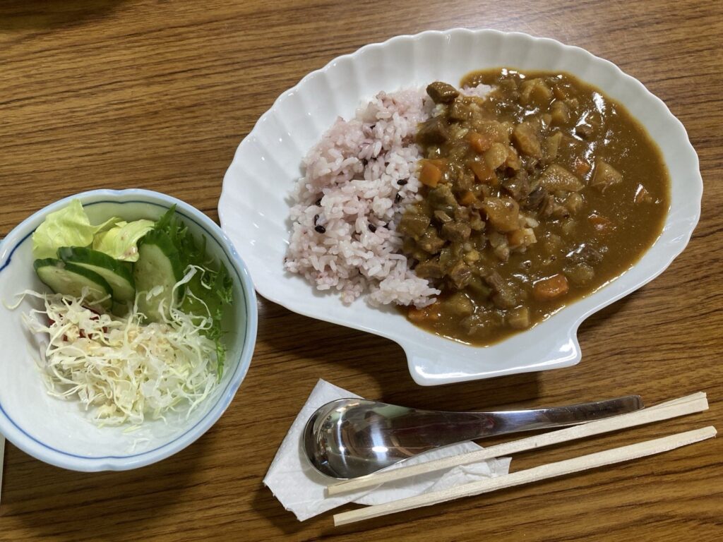 加計呂麻島実久のカフェゆいゆいの貝殻型のお皿にのったカレーとサラダ