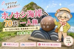 ホノホシ海岸の玉石の浜とあら古稀キャラクター（記事アイキャッチ）
