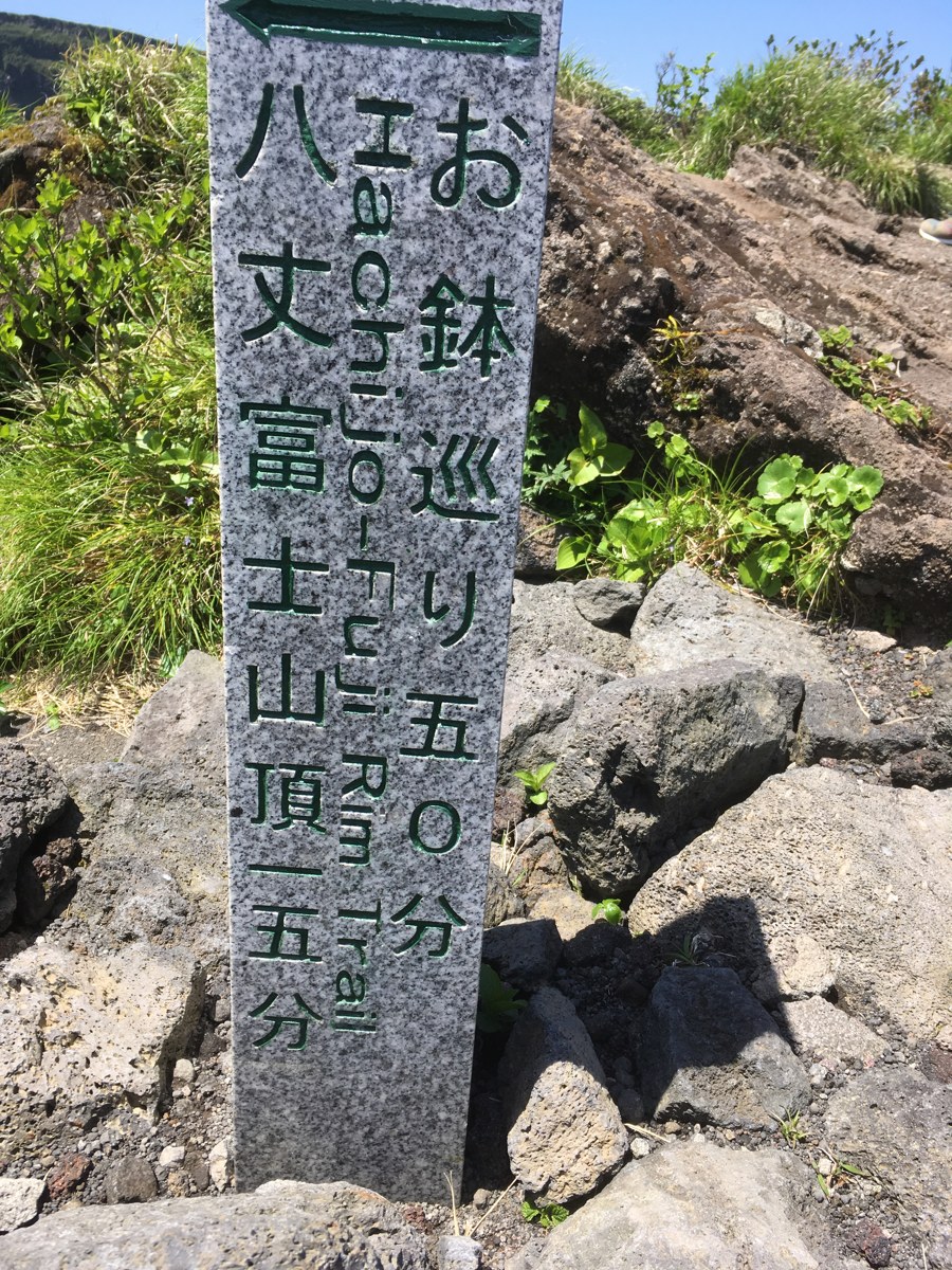 八丈富士のお鉢巡り五〇分と書かれた山頂の道標