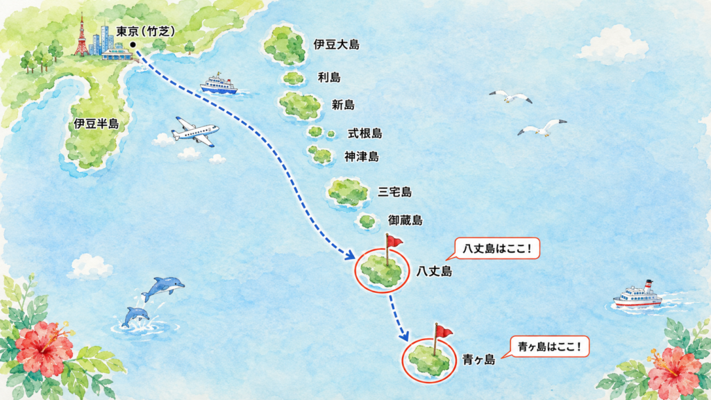 伊豆諸島の位置関係のイラスト地図。八丈島と青ヶ島に赤い印