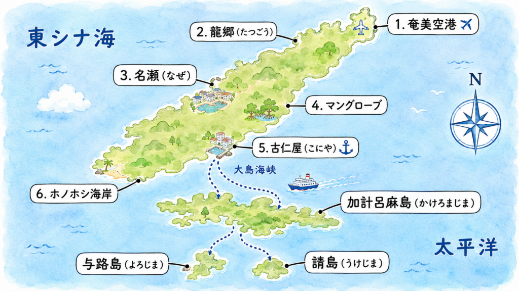 奄美大島と加計呂麻島・請島・与路島の位置関係を描いた地図
