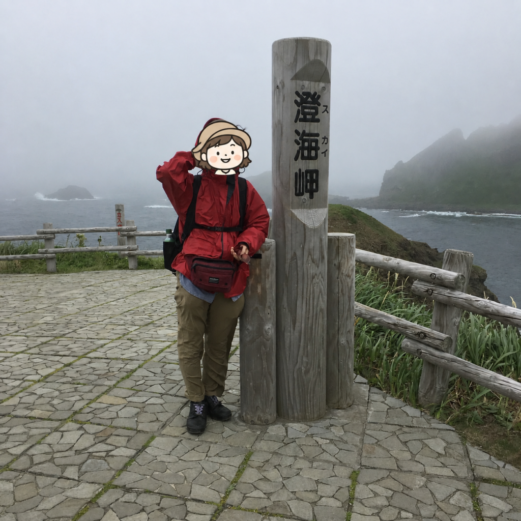 澄海岬の標柱の前に立つ、赤いレインウェア姿の著者