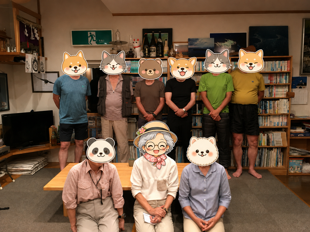星観荘の夜のミーティングで宿泊者と記念撮影
