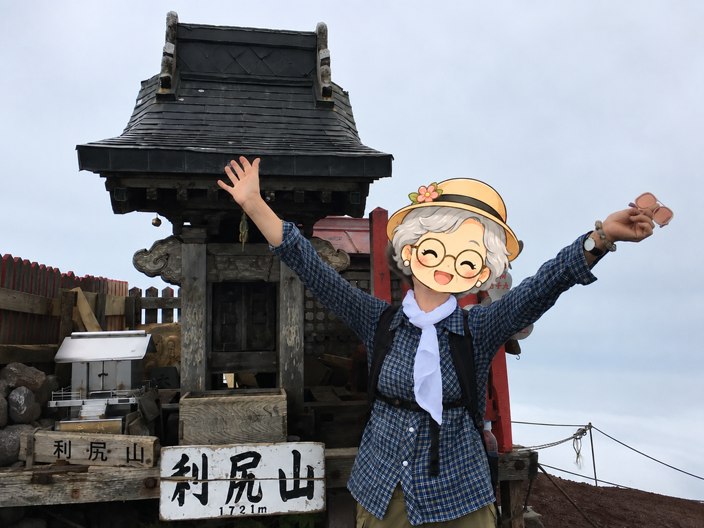 利尻山の頂上で両手をあげる筆者