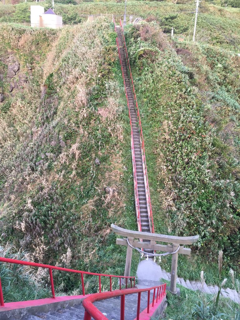 宮津弁天宮の長い階段を上から見おろす|岩山の斜面を一直線に降りていく