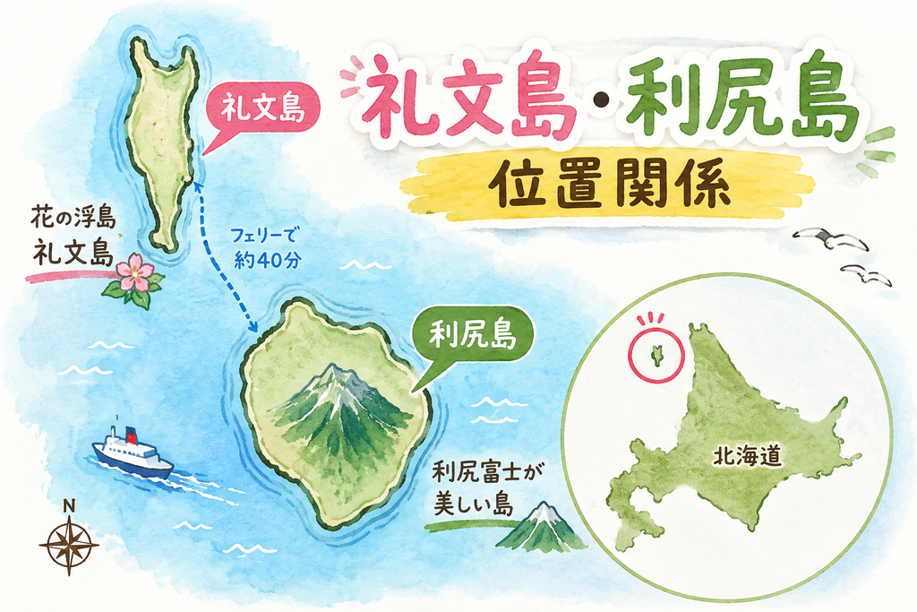 礼文島と利尻島の位置関係のイラスト地図|北海道の北端沖に並ぶ2つの島、フェリーで約45分
